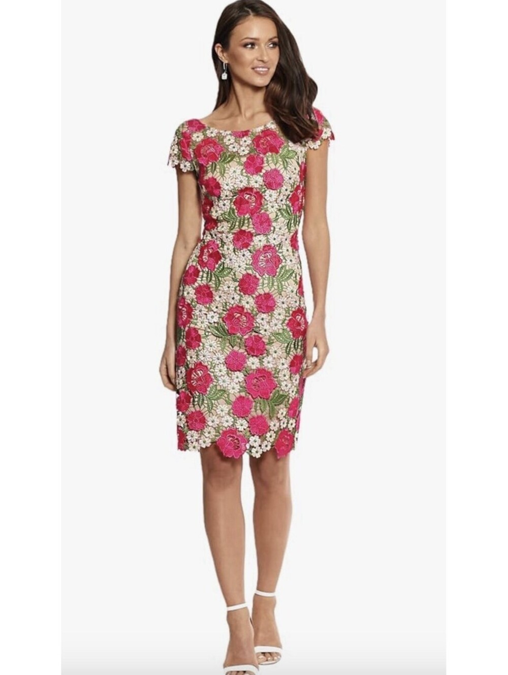 Xscape Floral Lace Embroidered Sheath Midi Dress Size 16 Fushia/Nude NWT